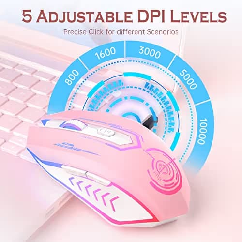 UHURU Gaming Mouse, Wireless Gaming Mouse with 6 Buttons 7 Changeable LED Color up to 10000 DPI, Rechargeable USB Gamer Mouse for PC Laptop (Pink) image