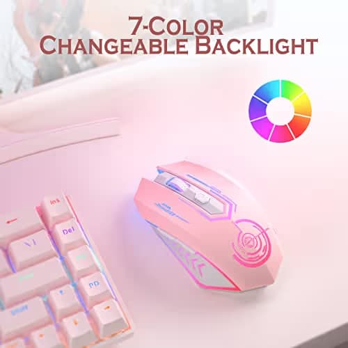 UHURU Gaming Mouse, Wireless Gaming Mouse with 6 Buttons 7 Changeable LED Color up to 10000 DPI, Rechargeable USB Gamer Mouse for PC Laptop (Pink) image