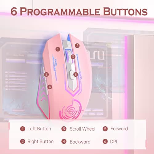 UHURU Gaming Mouse, Wireless Gaming Mouse with 6 Buttons 7 Changeable LED Color up to 10000 DPI, Rechargeable USB Gamer Mouse for PC Laptop (Pink) image