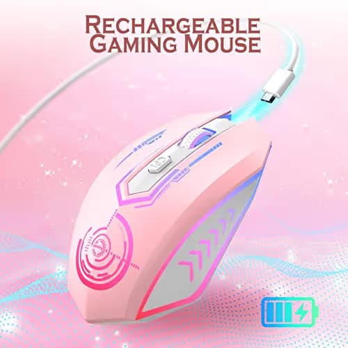 UHURU Gaming Mouse, Wireless Gaming Mouse with 6 Buttons 7 Changeable LED Color up to 10000 DPI, Rechargeable USB Gamer Mouse for PC Laptop (Pink) image