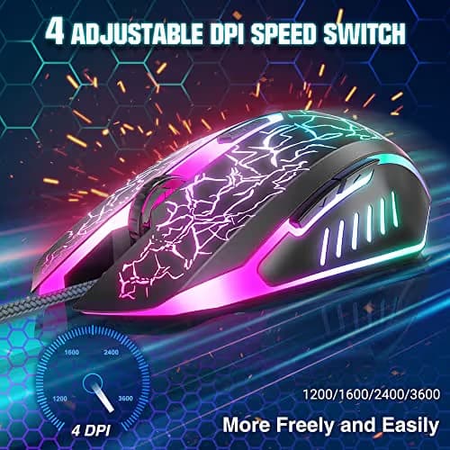 BENGOO Gaming Mouse Wired, Ergonomic Gamer Laptop PC Optical Computer Mice with RGB Backlit, 4 Adjustable DPI Up to 3600, 6 Programmable Buttons for Windows 7/8/10/XP Vista Linux -Black image