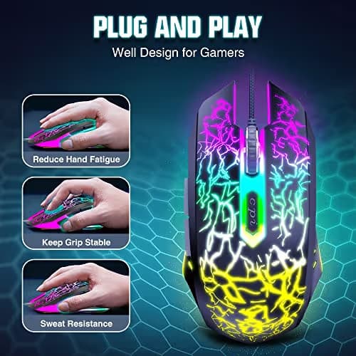 BENGOO Gaming Mouse Wired, Ergonomic Gamer Laptop PC Optical Computer Mice with RGB Backlit, 4 Adjustable DPI Up to 3600, 6 Programmable Buttons for Windows 7/8/10/XP Vista Linux -Black image