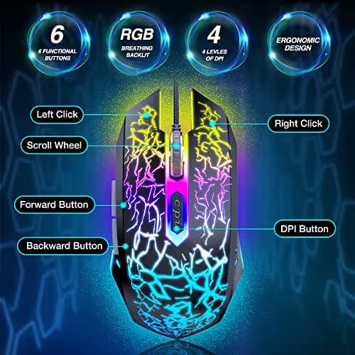 BENGOO Gaming Mouse Wired, Ergonomic Gamer Laptop PC Optical Computer Mice with RGB Backlit, 4 Adjustable DPI Up to 3600, 6 Programmable Buttons for Windows 7/8/10/XP Vista Linux -Black image