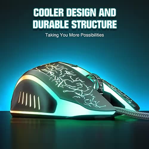BENGOO Gaming Mouse Wired, Ergonomic Gamer Laptop PC Optical Computer Mice with RGB Backlit, 4 Adjustable DPI Up to 3600, 6 Programmable Buttons for Windows 7/8/10/XP Vista Linux -Black image