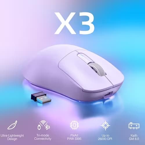 ATTACK SHARK X3 Lightweight Wireless Gaming Mouse with Tri-Mode 2.4G/USB-C Wired/Bluetooth,Up to 26K DPI, PAW3395 Optical Sensor,Kailh GM8.0 Switch,5 programmable Buttons for PC/Win/Mac(Purple) image
