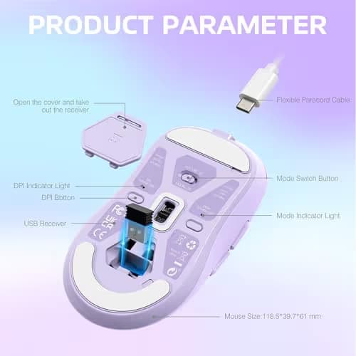 ATTACK SHARK X3 Lightweight Wireless Gaming Mouse with Tri-Mode 2.4G/USB-C Wired/Bluetooth,Up to 26K DPI, PAW3395 Optical Sensor,Kailh GM8.0 Switch,5 programmable Buttons for PC/Win/Mac(Purple) image