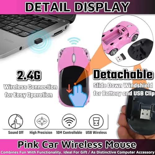 HuGuWdy Pink Wireless Car Mouse - 2.4G Wireless with USB Receiver, Optical Mouse for PC, Laptop, Tablet - Win XP/Vista/7/ME/2000/Mac OS Pink Mouse for Her for Christmas image