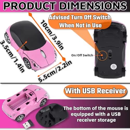 HuGuWdy Pink Wireless Car Mouse - 2.4G Wireless with USB Receiver, Optical Mouse for PC, Laptop, Tablet - Win XP/Vista/7/ME/2000/Mac OS Pink Mouse for Her for Christmas image