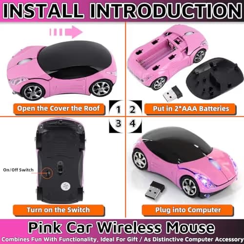 HuGuWdy Pink Wireless Car Mouse - 2.4G Wireless with USB Receiver, Optical Mouse for PC, Laptop, Tablet - Win XP/Vista/7/ME/2000/Mac OS Pink Mouse for Her for Christmas image