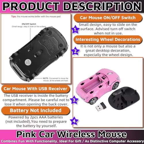 HuGuWdy Pink Wireless Car Mouse - 2.4G Wireless with USB Receiver, Optical Mouse for PC, Laptop, Tablet - Win XP/Vista/7/ME/2000/Mac OS Pink Mouse for Her for Christmas image