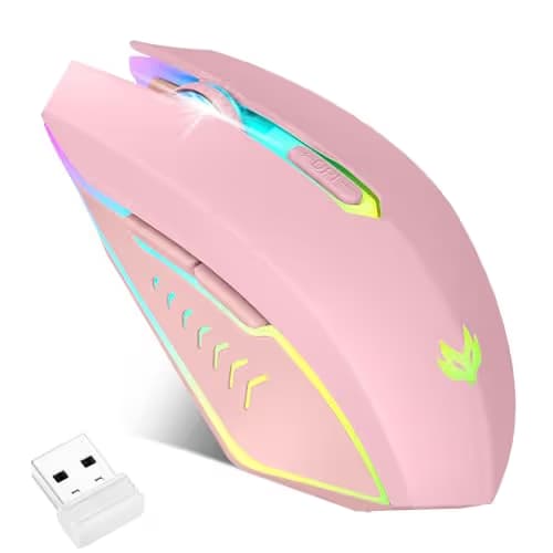 LuLabboard Wireless Gaming Mouse, Rechargeable Computer Mouse, 7-Color LED Light, Ergonomic Mouse with 6 Silent Click Buttons, 3 Adjustable 2400 DPI Wireless Mouse for Laptop,PC,Mac, Pink main image