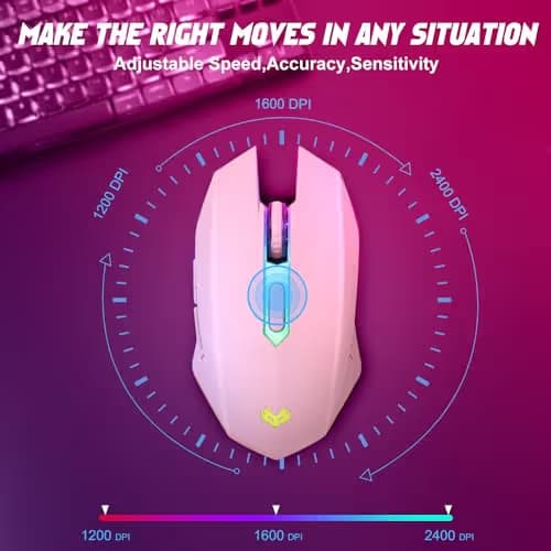 LuLabboard Wireless Gaming Mouse, Rechargeable Computer Mouse, 7-Color LED Light, Ergonomic Mouse with 6 Silent Click Buttons, 3 Adjustable 2400 DPI Wireless Mouse for Laptop,PC,Mac, Pink image