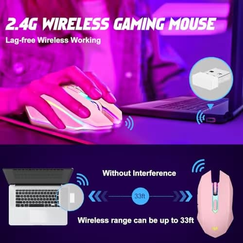 LuLabboard Wireless Gaming Mouse, Rechargeable Computer Mouse, 7-Color LED Light, Ergonomic Mouse with 6 Silent Click Buttons, 3 Adjustable 2400 DPI Wireless Mouse for Laptop,PC,Mac, Pink image