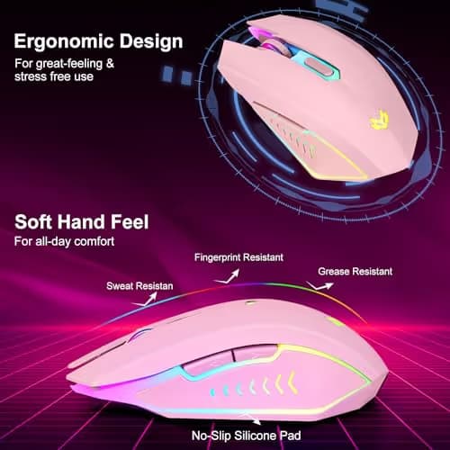 LuLabboard Wireless Gaming Mouse, Rechargeable Computer Mouse, 7-Color LED Light, Ergonomic Mouse with 6 Silent Click Buttons, 3 Adjustable 2400 DPI Wireless Mouse for Laptop,PC,Mac, Pink image