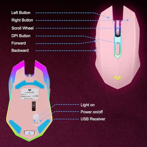 LuLabboard Wireless Gaming Mouse, Rechargeable Computer Mouse, 7-Color LED Light, Ergonomic Mouse with 6 Silent Click Buttons, 3 Adjustable 2400 DPI Wireless Mouse for Laptop,PC,Mac, Pink image