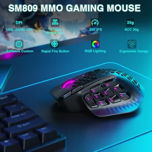 SOLAKAKA SM809 Pro Gaming Mouse with 9 Side Buttons,24000 DPI RGB Mouse for Gamer,16 Programmable Macros MMO Mouse,Black image