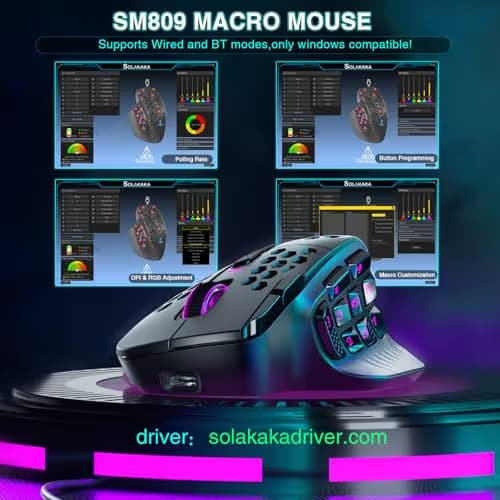 SOLAKAKA SM809 Pro Gaming Mouse with 9 Side Buttons,24000 DPI RGB Mouse for Gamer,16 Programmable Macros MMO Mouse,Black image