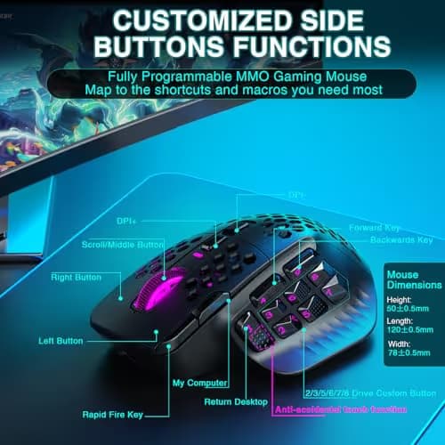 SOLAKAKA SM809 Pro Gaming Mouse with 9 Side Buttons,24000 DPI RGB Mouse for Gamer,16 Programmable Macros MMO Mouse,Black image
