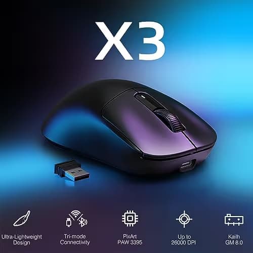 ATTACK SHARK X3 Wireless Gaming Mouse, 49g Ergonomic Computer Mouse, Triple Modes PAW3395 26K DPI Optical Sensor, 200h Battery Life, Programmable Buttons, Gaming Accessories for PC/Laptop/Mac (Black) image