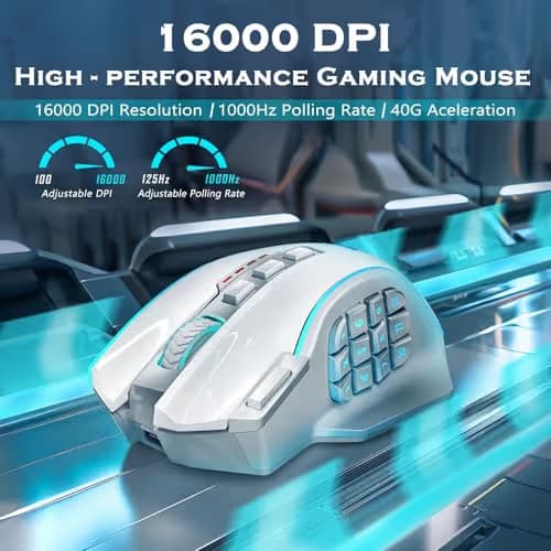 Redragon Wireless Gaming Mouse, MMO Gaming Mouse UP 16,000 DPI, 16 Macro Programmable Buttons, RGB Rechargeable Mouse with 12 Side Buttons, 70Hrs for PC Laptop MOBA FPS, White,M901P-WS image