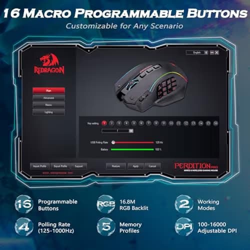 Redragon Wireless Gaming Mouse, MMO Gaming Mouse UP 16,000 DPI, 16 Macro Programmable Buttons, RGB Rechargeable Mouse with 12 Side Buttons, 70Hrs for PC Laptop MOBA FPS, White,M901P-WS image