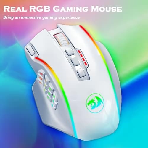 Redragon Wireless Gaming Mouse, MMO Gaming Mouse UP 16,000 DPI, 16 Macro Programmable Buttons, RGB Rechargeable Mouse with 12 Side Buttons, 70Hrs for PC Laptop MOBA FPS, White,M901P-WS image