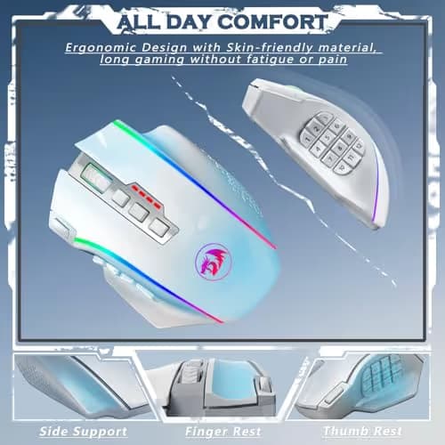 Redragon Wireless Gaming Mouse, MMO Gaming Mouse UP 16,000 DPI, 16 Macro Programmable Buttons, RGB Rechargeable Mouse with 12 Side Buttons, 70Hrs for PC Laptop MOBA FPS, White,M901P-WS image