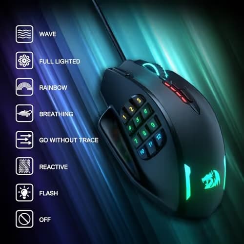 Redragon M908 Impact RGB LED MMO Gaming Mouse with 12 Side Buttons, Optical Wired Ergonomic Mouse with Max 12,400DPI, High Precision, 18 Programmable Macro Shortcuts, Comfort Grip image