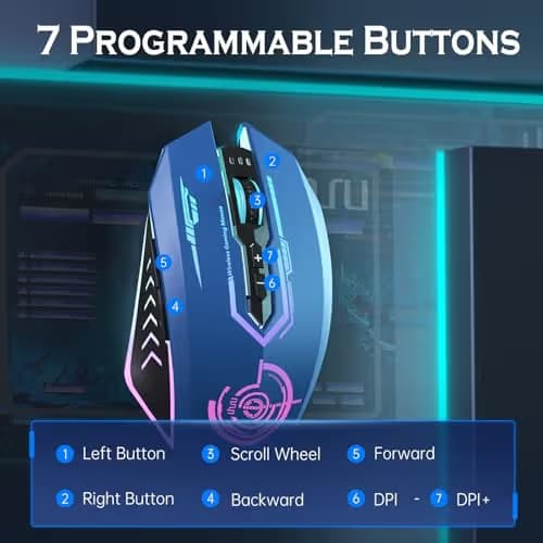 UHURU Gaming Mouse, Wireless Gaming Mouse with 7 Buttons 7 Changeable LED Color up to 12000 DPI, Rechargeable USB Gamer Mouse for PC Laptop (Blue) image