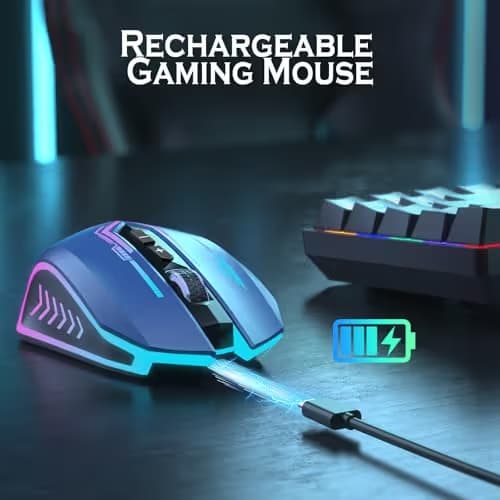 UHURU Gaming Mouse, Wireless Gaming Mouse with 7 Buttons 7 Changeable LED Color up to 12000 DPI, Rechargeable USB Gamer Mouse for PC Laptop (Blue) image
