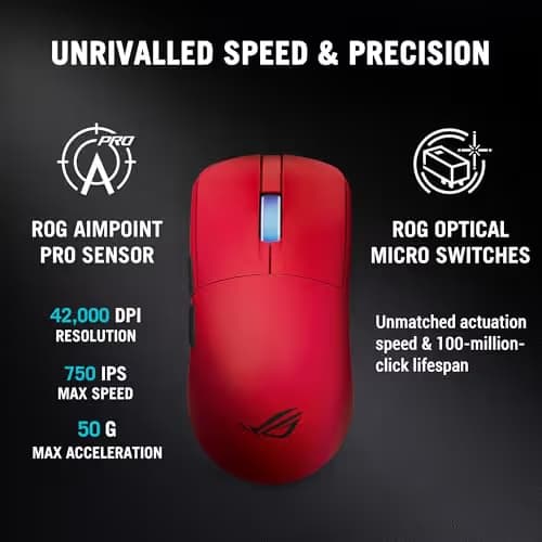 ASUS ROG Harpe II Ace Wireless Esports Gaming Mouse – Pro-Tested, Right-Handed, 48g Lightweight, Tri-Mode Connectivity, 42K DPI, 8K Polling, 101Hr Battery, Web-Based Tool, PC/Mac Support – Lava Red image