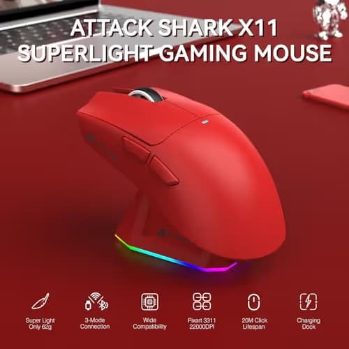 ATTACK SHARK X11 Lightweight Wireless Gaming Mouse with RGB Charging Dock,Tri-Mode-2.4G/USB-C Wired/BT,22K DPI,PAW3311 Optical Sensor,HUYU Switch, 5 programmable Buttons for PC/Mac(Red) image