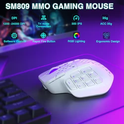 SOLAKAKA SM809 Pro Gaming Mouse with 9 Side Buttons,24000 DPI RGB Mouse for Gamer,16 Programmable Macros MMO Mouse,White image