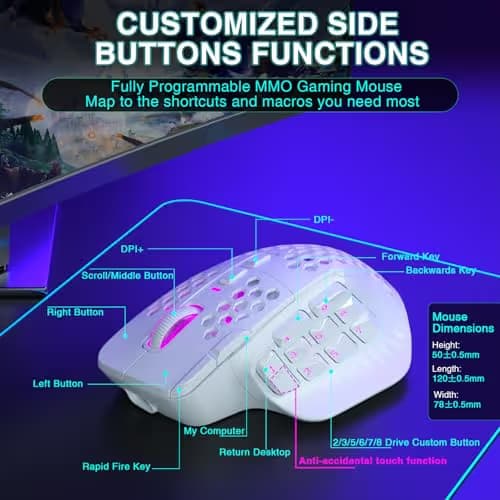 SOLAKAKA SM809 Pro Gaming Mouse with 9 Side Buttons,24000 DPI RGB Mouse for Gamer,16 Programmable Macros MMO Mouse,White image
