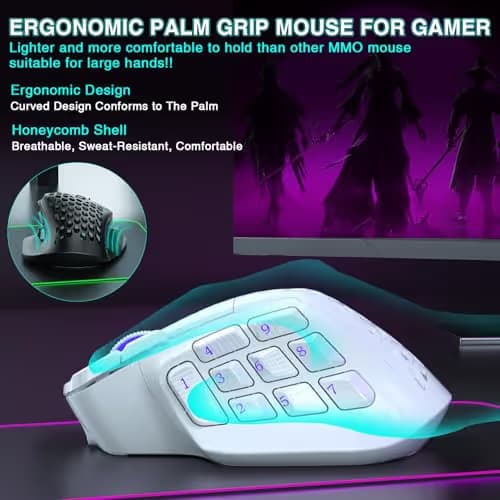 SOLAKAKA SM809 Pro Gaming Mouse with 9 Side Buttons,24000 DPI RGB Mouse for Gamer,16 Programmable Macros MMO Mouse,White image