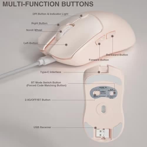 AULA SC580X Wireless Gaming Mouse, Tri-Mode 2.4G/BT5.0/USB-C Gaming Mice with 12000 DPI, 6 Programmable Buttons, Rechargeable Computer Mouse for Laptop/PC/Mac/Tablet image