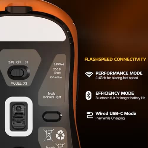 ATTACK SHARK X3 Lightweight Wireless Gaming Mouse with Tri-Mode 2.4G/USB-C Wired/Bluetooth,Up to 26K DPI, PAW3395 Optical Sensor,Kailh GM8.0 Switch,5 programmable Buttons for PC/Win/Mac(Orange) image