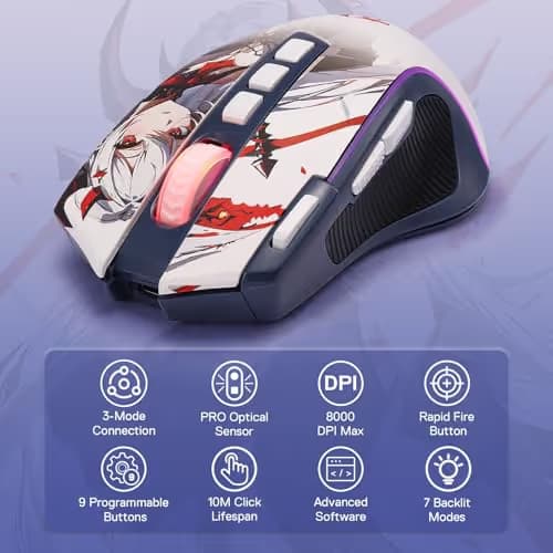 Redragon M612AK PRO RGB Anime Gaming Mouse, 8000 DPI Wired/Wireless Optical Mouse with 9 Programmable Buttons & 7 Backlit Modes, BT & 2.4G Wireless, Software Supports DIY Keybinds Rapid Fire Button image