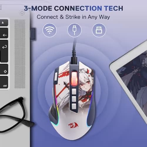 Redragon M612AK PRO RGB Anime Gaming Mouse, 8000 DPI Wired/Wireless Optical Mouse with 9 Programmable Buttons & 7 Backlit Modes, BT & 2.4G Wireless, Software Supports DIY Keybinds Rapid Fire Button image