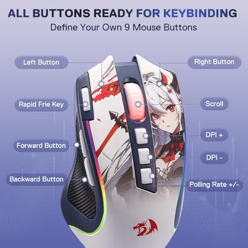 Redragon M612AK PRO RGB Anime Gaming Mouse, 8000 DPI Wired/Wireless Optical Mouse with 9 Programmable Buttons & 7 Backlit Modes, BT & 2.4G Wireless, Software Supports DIY Keybinds Rapid Fire Button image
