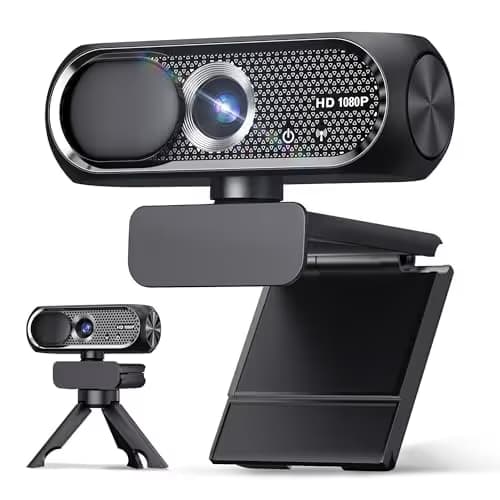 1080P HD Webcam with Rotatable Tripod and Mic, Noise Cancellation, Privacy Cover, Wide-Angle Lens, Auto Light Correction, Plug & Play USB Webcam for Laptop, Desktop, PC, Mac, Zoom, Skype, Streaming image