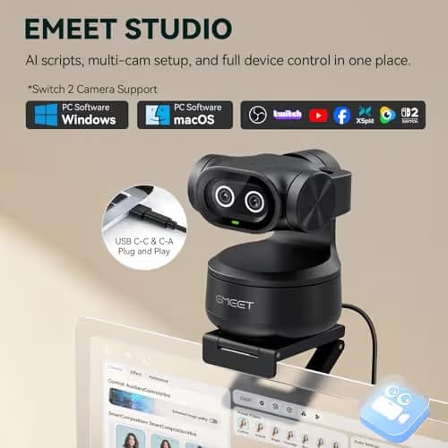 EMEET PIXY Dual-Camera AI-Powered PTZ Camera 4K, AI Tracking, PDAF&AI Autofocus 0.2s, 1/2.55'' Sony Sensor, 3 Mics, Presets, Gesture Control, 4K Webcam for Streaming and OBS/Twitch/Switch 2 Compatible image