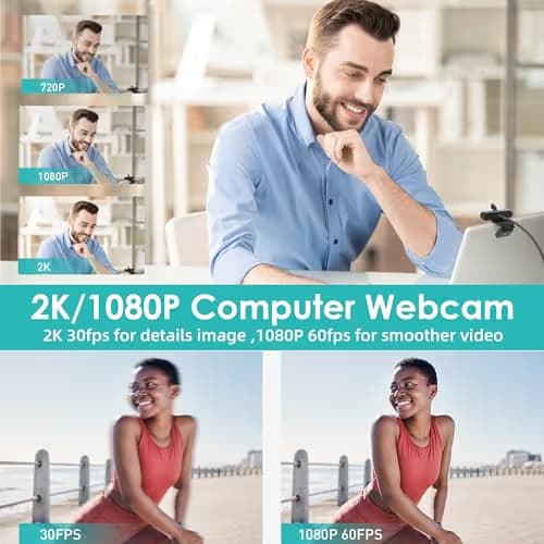 saylas 2K Webcam with Microphone, 78°FOV FHD PC Camera with 2K/30fps, 1080P/60fps, Privacy Cover, Plug & Play USB Web Cam, Autofocus, External Webcam for PC, Computer Web Camera for Laptop, Mac, Zoom image