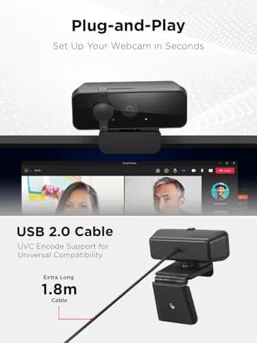 Lenovo 310 FHD Webcam, 1080p, FHD Resolution @30 FPS, Plug-and Play USB Connectivity, 1.8M Cable, 2 Integrated Microphones, External Privacy Shutter, Black image