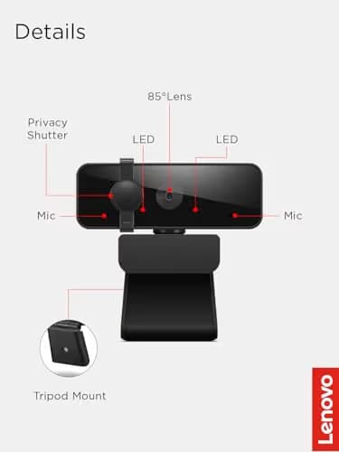 Lenovo 310 FHD Webcam, 1080p, FHD Resolution @30 FPS, Plug-and Play USB Connectivity, 1.8M Cable, 2 Integrated Microphones, External Privacy Shutter, Black image