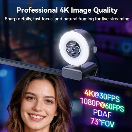 EMEET S600L 4K Webcam for Streaming with Ring Light, 4 Lighting Modes, Rainbow Effect, 1/2" Sensor, AI Imaging, 0.2S PDAF, 2 Mics, Dial Control, 4K Webcam with Light for OBS/Twitch/YouTube/Zoom/PC/Mac image