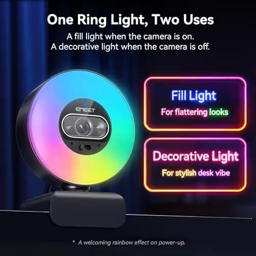 EMEET S600L 4K Webcam for Streaming with Ring Light, 4 Lighting Modes, Rainbow Effect, 1/2" Sensor, AI Imaging, 0.2S PDAF, 2 Mics, Dial Control, 4K Webcam with Light for OBS/Twitch/YouTube/Zoom/PC/Mac image