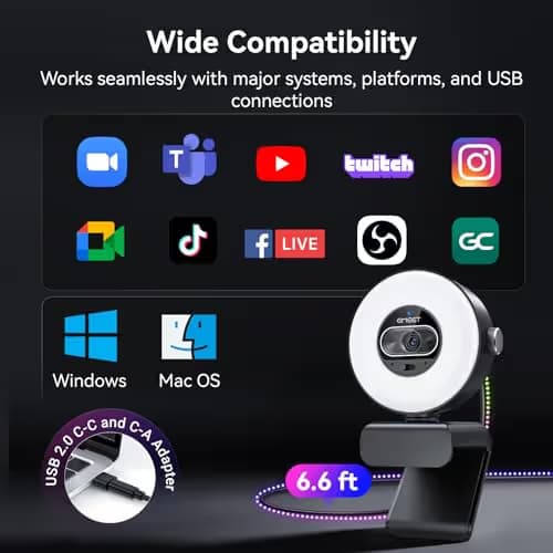 EMEET S600L 4K Webcam for Streaming with Ring Light, 4 Lighting Modes, Rainbow Effect, 1/2" Sensor, AI Imaging, 0.2S PDAF, 2 Mics, Dial Control, 4K Webcam with Light for OBS/Twitch/YouTube/Zoom/PC/Mac image