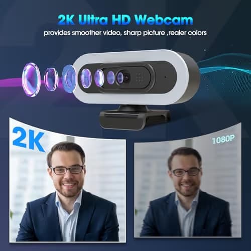 ToLuLu Streaming Webcam 2K 50FPS Web Cam, LED RGB Webcam with Microphone and Light, Autofocus Computer Camera with Cover and Tripod, Plug-Play USB Web cam for PC Desktop/MacBook Gaming Video Calling image