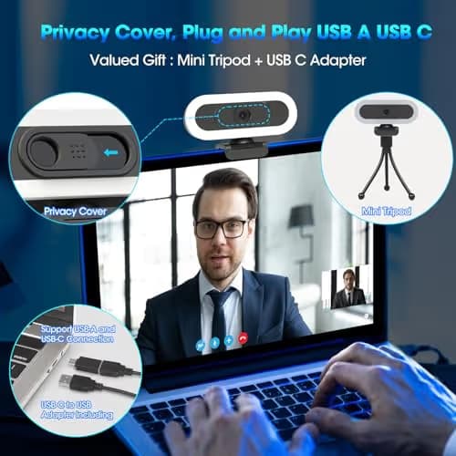 ToLuLu Streaming Webcam 2K 50FPS Web Cam, LED RGB Webcam with Microphone and Light, Autofocus Computer Camera with Cover and Tripod, Plug-Play USB Web cam for PC Desktop/MacBook Gaming Video Calling image